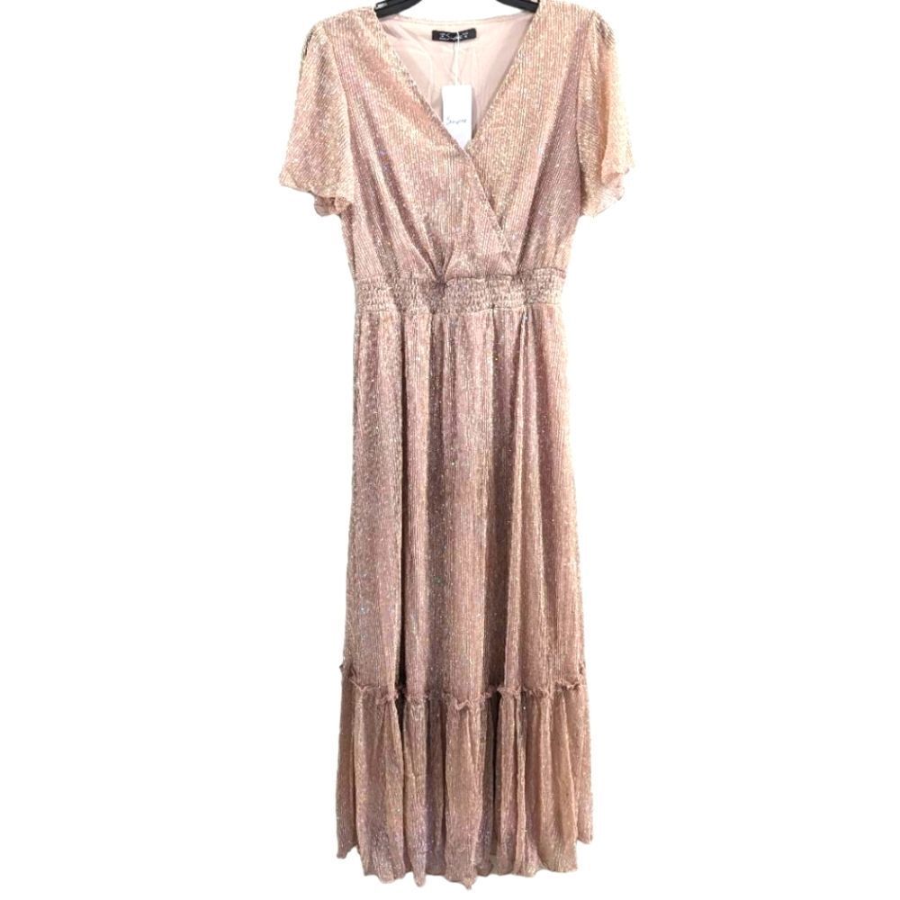 Simplee blush pink metallic sparkly glitter knit flutter sleeve long dress S - Picture 3 of 6